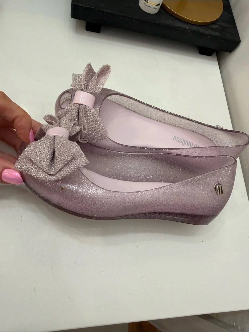 Mini Melissa Dusty Pink Glitter Bow Flats